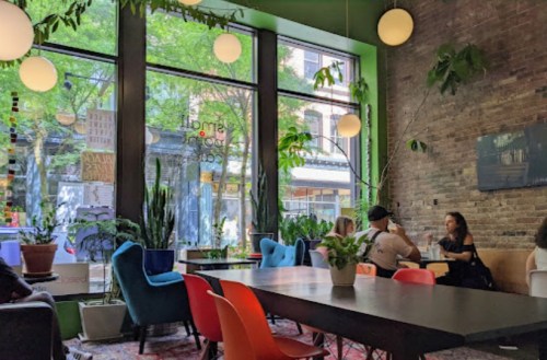 A cozy café interior with colorful chairs, plants, and large windows letting in natural light. People are chatting.