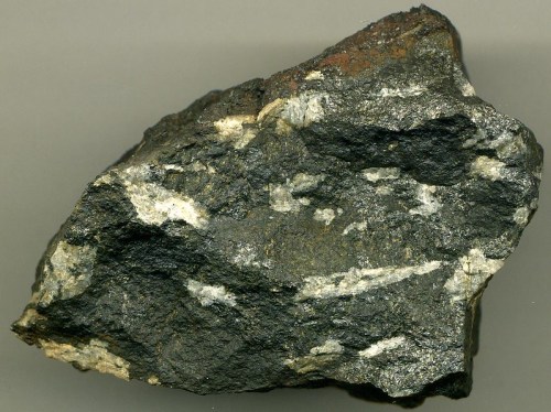 A rough, dark rock with white and light gray mineral streaks on its surface, set against a neutral background.