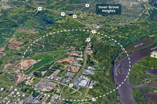 Aerial view of Inver Grove Heights, showing roads, green spaces, and River Lake nearby.