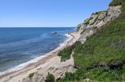 A serene coastal view with sandy beach, rocky shoreline, and green cliffs under a clear blue sky.