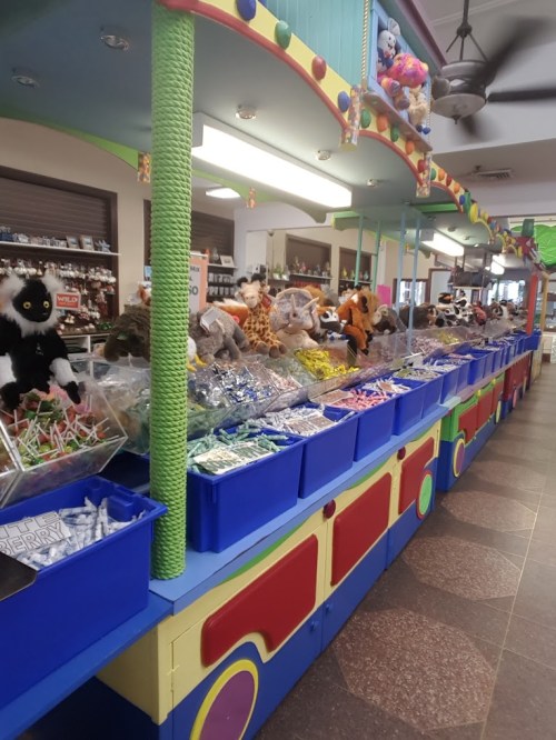 A colorful display of stuffed animals and candy in blue bins at a vibrant shop.