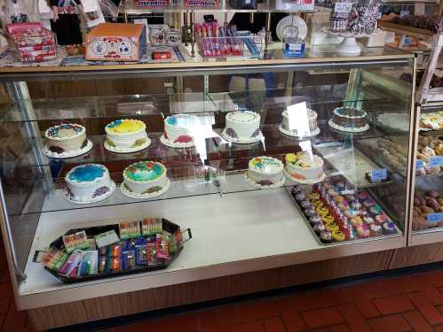 Display case filled with various decorated cakes and colorful cupcakes in a bakery.