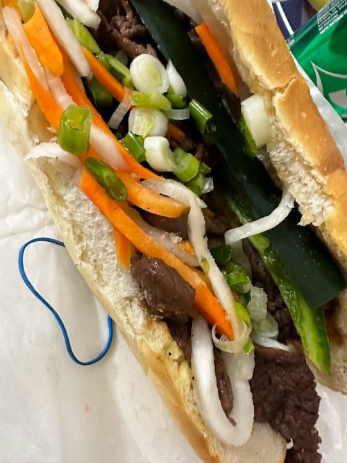 A close-up of a sandwich filled with sliced beef, carrots, cucumbers, and green onions in a soft bread roll.