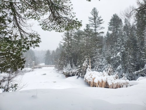 A snowy landscape with a frozen river, surrounded by evergreen trees and a blanket of fresh snow.