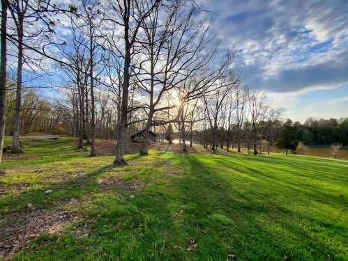 A serene park scene with bare trees, green grass, and a sunset reflecting on a calm lake in the background.