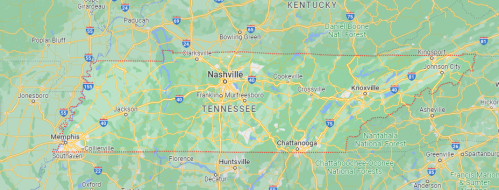 Map of Tennessee highlighting major cities like Nashville, Memphis, and Knoxville with highways and geographical features.