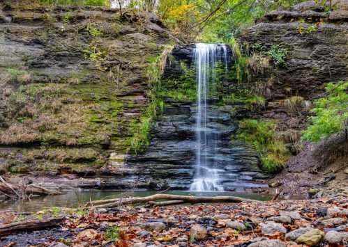 A serene waterfall cascades over rocky cliffs, surrounded by lush greenery and autumn leaves on the ground.