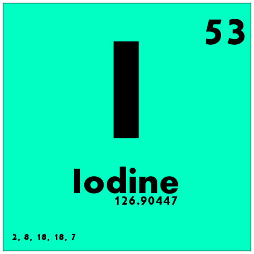 Element Iodine on a turquoise background, featuring atomic number 53 and atomic weight 126.90447.