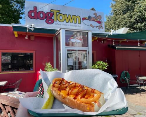 A hand holds a hot dog topped with onion rings in front of the colorful dogTown restaurant sign.