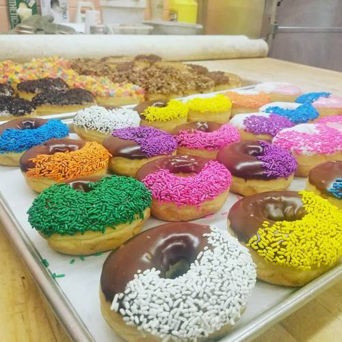 A tray of colorful donuts with various toppings, including sprinkles and chocolate glaze, arranged neatly.