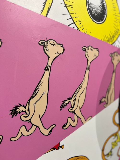 Illustration of whimsical, elongated animals walking on a colorful background with pink and yellow elements.