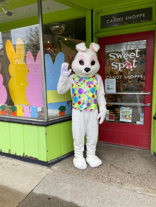 A costumed Easter Bunny waves outside a colorful candy shop with pastel decorations in the windows.