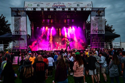 A lively outdoor concert scene with a band performing on stage, colorful lights, and an engaged crowd in front.