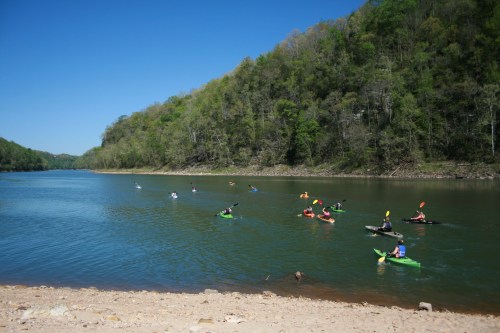 A group of kayakers paddles along a calm river surrounded by lush green hills under a clear blue sky.