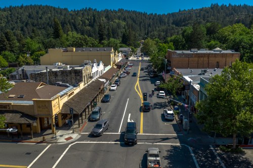 Aerial view of a tree-lined street with shops and parked cars under a clear blue sky.