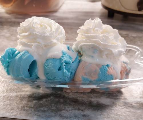 A plastic dish holds three scoops of ice cream: blue, pink, and white, topped with whipped cream.