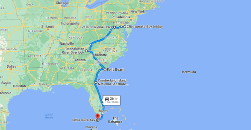 Map showing a route from Miami, Florida, to Folly Beach, South Carolina, with key locations marked along the way.