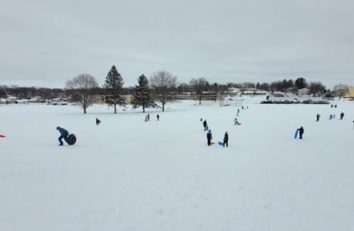 People enjoying a snowy landscape, sledding and playing in a large open area with trees in the background.