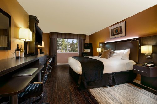 Cozy hotel room with a king bed, desk, and window view, featuring warm tones and modern decor.