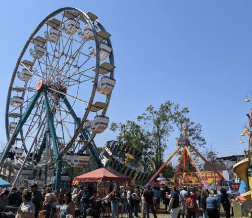 A vibrant carnival scene featuring a Ferris wheel, rides, and crowds enjoying a sunny day.