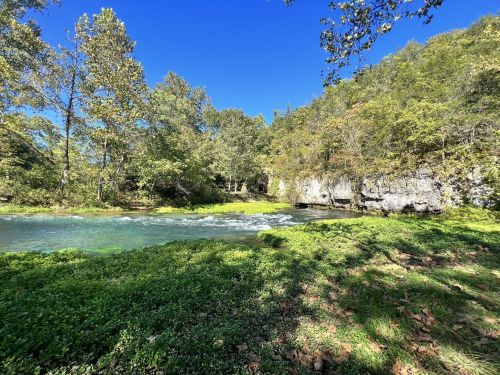 A serene river flows through a lush green landscape, surrounded by trees and rocky cliffs under a clear blue sky.
