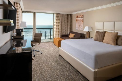 A modern hotel room featuring a king bed, desk, seating area, and large windows with a view of the ocean.
