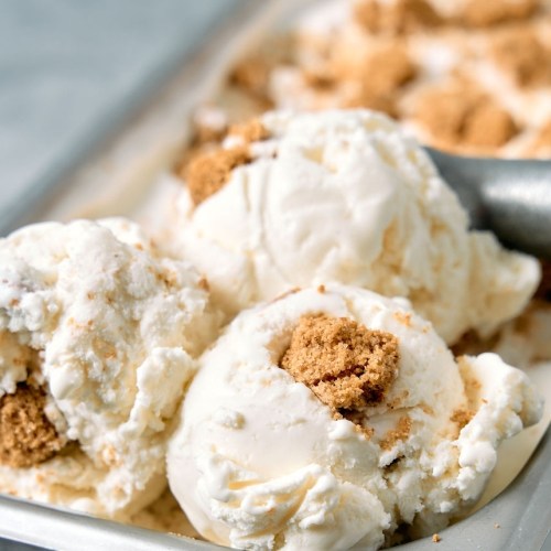 Close-up of creamy vanilla ice cream scoops with crumbled cookie pieces on top, served in a metal tray.