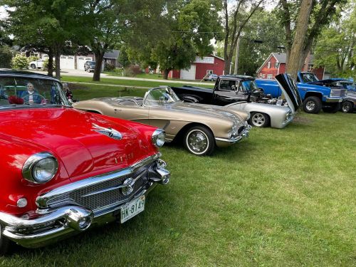 A row of classic cars in a grassy area, including a red car, a silver convertible, and a black truck.