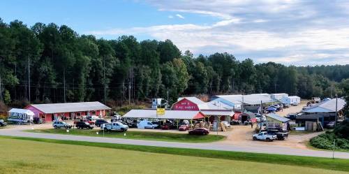 A bustling flea market with various stalls and parked cars, surrounded by trees and a clear sky.