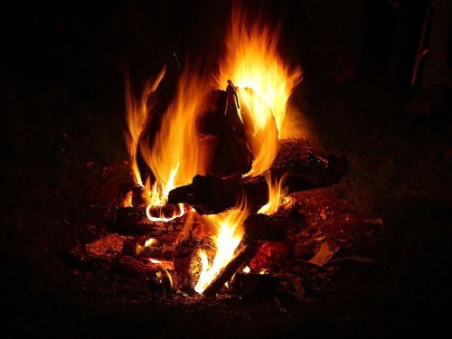 A bright campfire with flames dancing around logs, illuminating the dark surroundings.