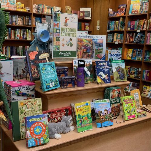 A display of children's books and puzzles about outdoor activities in a cozy bookstore setting.
