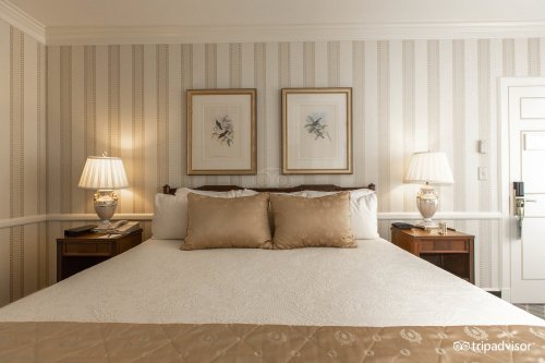 Cozy hotel bedroom with a large bed, decorative pillows, framed artwork, and bedside lamps against striped wallpaper.