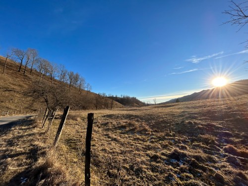 A serene landscape with a sun setting over a grassy field, bordered by trees and a fence under a clear blue sky.