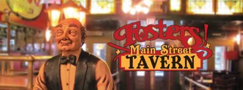 A vintage-style tavern interior featuring a statue of a man in a tuxedo, with "Foster's Main Street Tavern" sign.