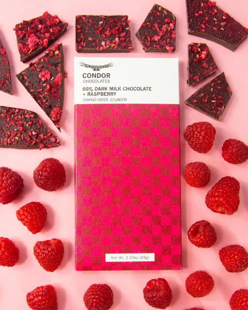 A pink background features a bar of dark milk chocolate with raspberry, surrounded by chocolate pieces and fresh raspberries.