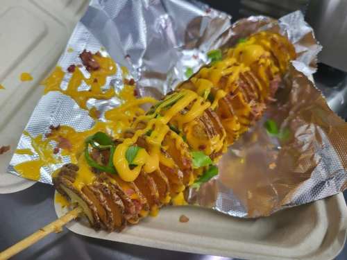 A spiral-cut potato on a stick, topped with melted cheese and green onions, resting on foil in a takeout container.
