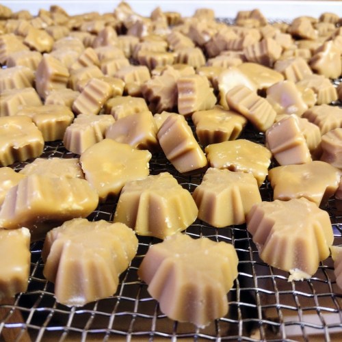 A close-up of numerous small, round caramel candies cooling on a wire rack.