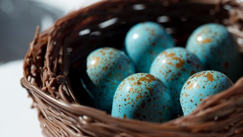 A close-up of a woven nest containing six speckled blue eggs.