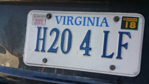 Virginia license plate reads "H20 4 LF" with a July sticker and a 2018 registration.