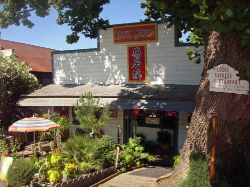 A charming Chinese restaurant with a colorful umbrella outside, surrounded by greenery and a welcoming entrance.