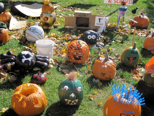 A variety of creatively painted pumpkins displayed on grass, surrounded by autumn leaves and a "1st Place" sign.