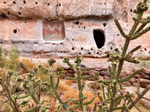 Ancient rock wall with two openings, surrounded by cacti and dry vegetation.