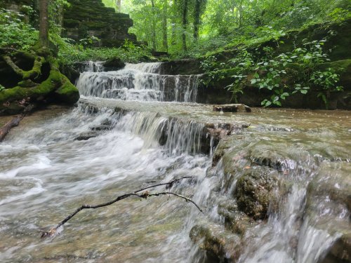 A serene waterfall cascades over rocky steps, surrounded by lush green foliage in a tranquil forest setting.