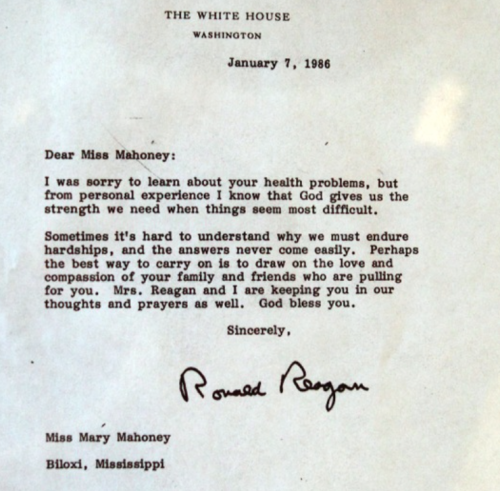A letter from Ronald Reagan to Miss Mary Mahoney, offering support during health challenges, dated January 7, 1986.
