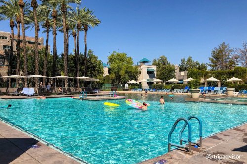 A sunny pool scene with palm trees, lounge chairs, and people swimming and relaxing in the water.