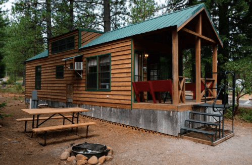 A cozy wooden cabin with a green roof, porch, picnic table, and fire pit, surrounded by trees.