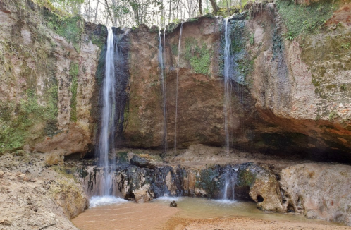 A serene waterfall cascading over rocky cliffs into a calm pool, surrounded by lush greenery and earthy tones.