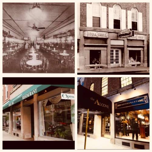 Historic and modern views of The Alcove restaurant, showcasing its evolution over time.