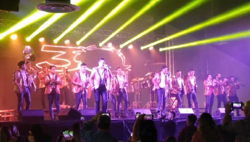 A lively concert scene with a band performing on stage, bright lights, and an enthusiastic audience.