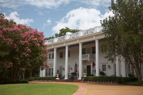 A large white mansion with columns, surrounded by greenery and pink flowering trees under a blue sky.